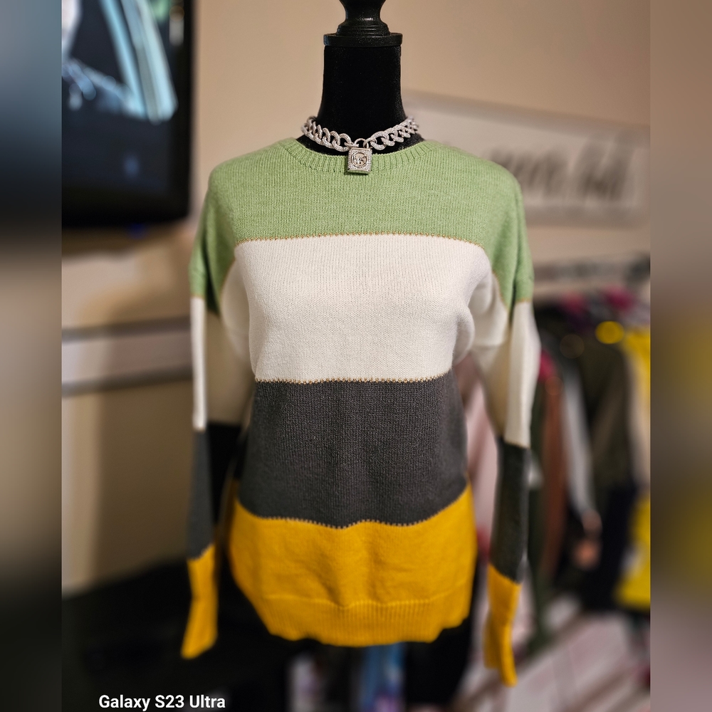 Green Color Block Patchwork Sweater